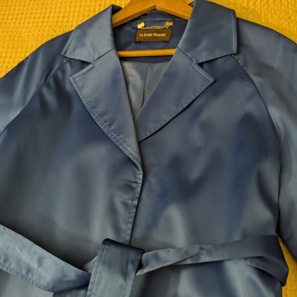 Coat Dress Trendy Electric Blue Satin Belted 3/4 Sleeves Fully Lined - Picture 9 of 11